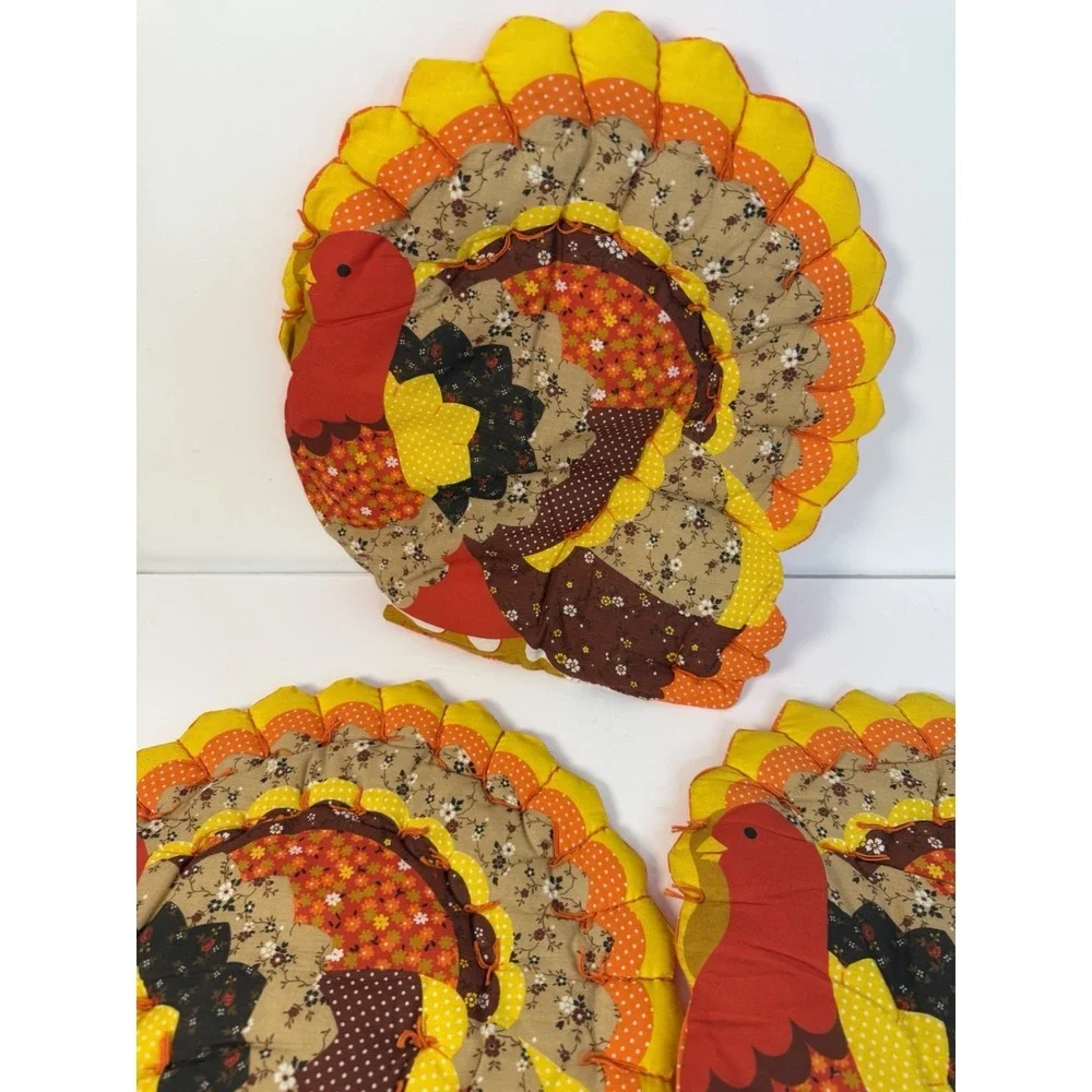 Quilted Turkey Handmade Thanksgiving Decor Placemats Set of 3‎ Vintage Holiday